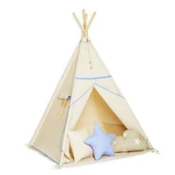 Teepee Tent + Floor Mat + Pillows - Natural Blue