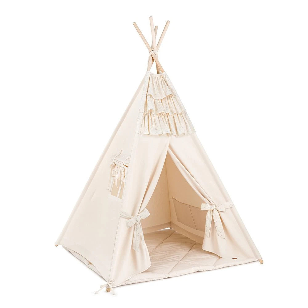 Teepee Tent + Floor Mat - Frilly Muslin - Ecru 1 Teepee Tent + Floor Mat - Frilly Muslin - Ecru