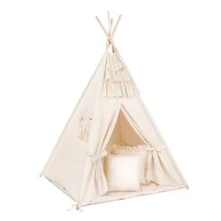 Teepee Tent + Floor Mat + Pillows - Frilly Muslin Ecru