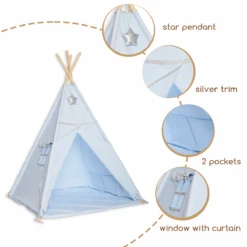 Teepee Tent + Floor Mat + Pillows Silver Blue -Fun with Mum Soldes teepee goldblue details 1200 2