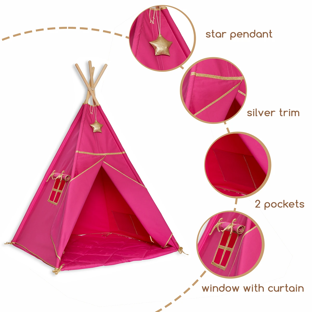 Teepee Tent + Floor Mat + Pillows Gold Fuchsia 6 Teepee Tent + Floor Mat + Pillows Gold Fuchsia – Image 6