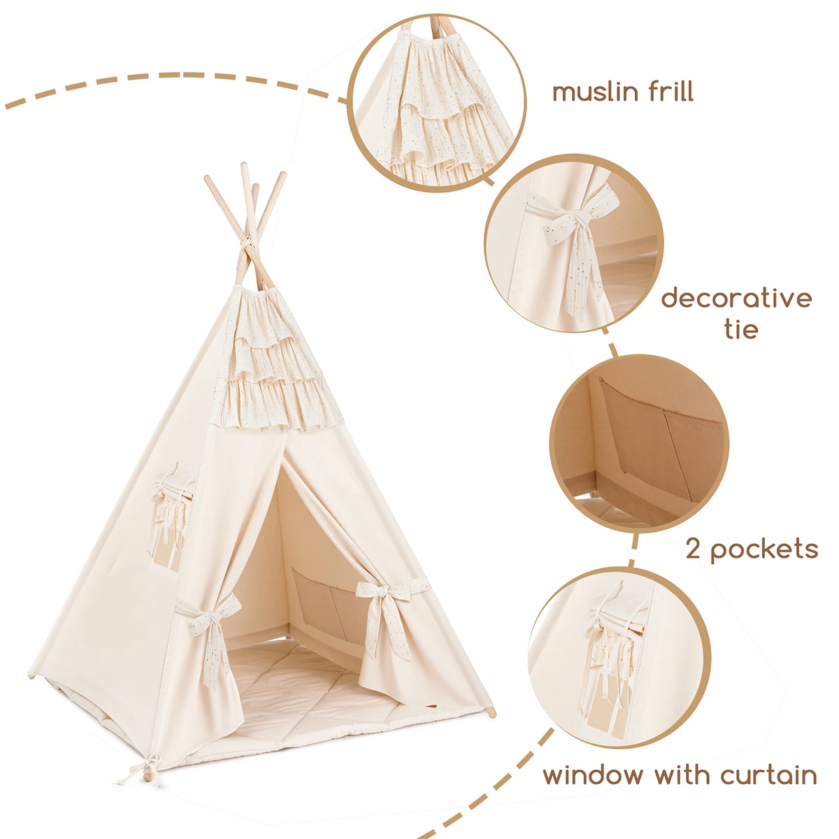 Teepee Tent + Floor Mat - Frilly Muslin - Ecru 2 Teepee Tent + Floor Mat - Frilly Muslin - Ecru – Image 2