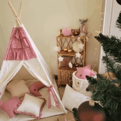 Teepee Tent - Frilly Muslin Raspberry -Fun with Mum Soldes teepee muslin raffle raspberry