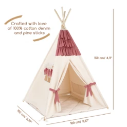 Teepee Tent + Floor Mat + Pillows - Frilly Muslin Raspberry -Fun with Mum Soldes teepee muslinraspberry dimensions 2