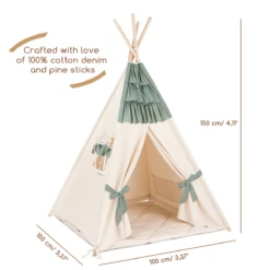 Teepee Tent + Floor Mat + Pillows - Frilly Muslin Sage -Fun with Mum Soldes teepee muslinsage dimensions