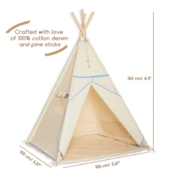 Teepee Tent + Floor Mat + Pillows - Natural Blue -Fun with Mum Soldes teepee natural blue dimensions 2
