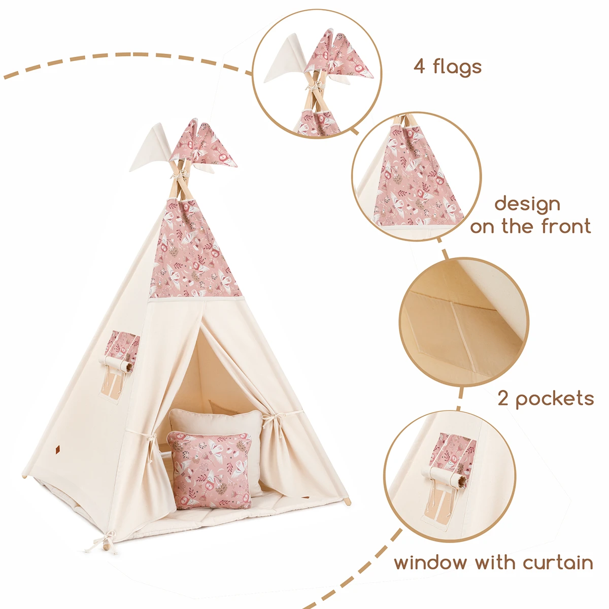 Teepee Tent + Floor Mat + Pillows - Owl 2 Teepee Tent + Floor Mat + Pillows - Owl – Image 2