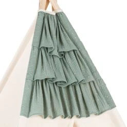 Teepee Tent + Floor Mat + Pillows - Frilly Muslin Sage -Fun with Mum Soldes teepee ruffle muslin sage 2