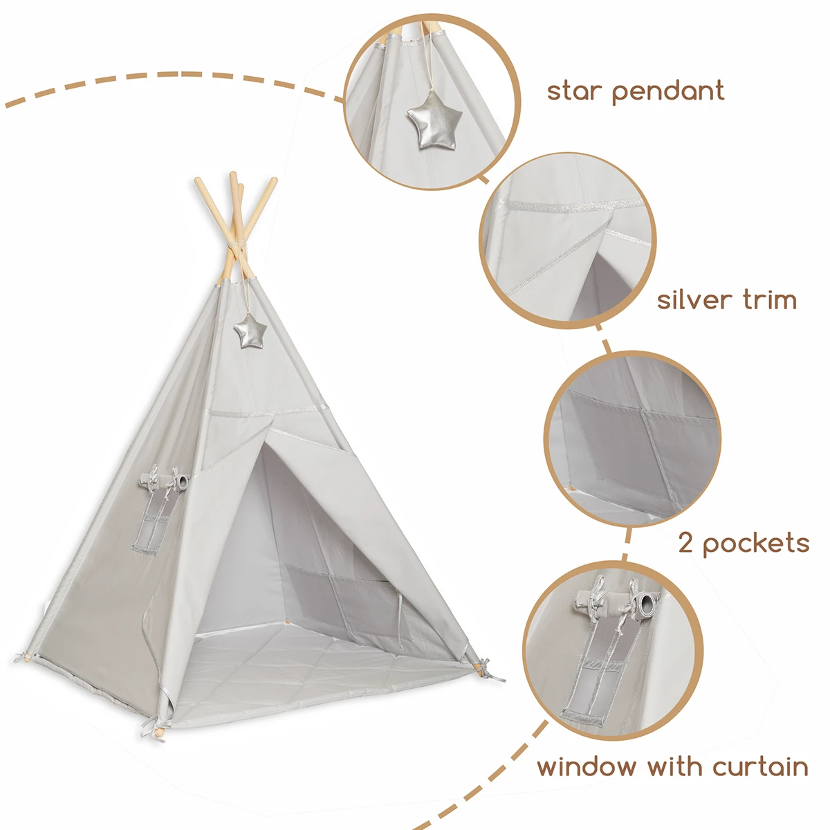 Teepee Tent + Floor Mat + Pillows Silver Grey 6 Teepee Tent + Floor Mat + Pillows Silver Grey – Image 6