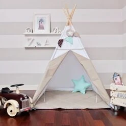 Teepee Tent + Floor Mat + Pillows - Scandinavian White -Fun with Mum Soldes tent teepee skandinavian white 2 4