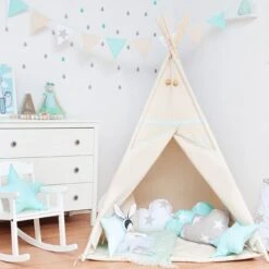 Teepee Tent + Floor Mat + Pillows - Natural Mint -Fun with Mum Soldes tipi tent natural mint 2 4